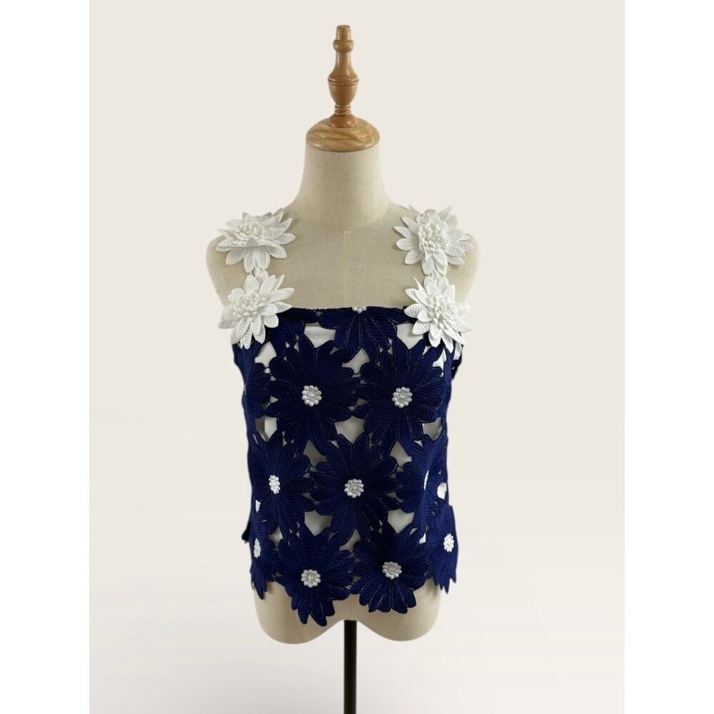 Hutch (Anthro Brand) Blue and White Floral Lace Top, Size 8